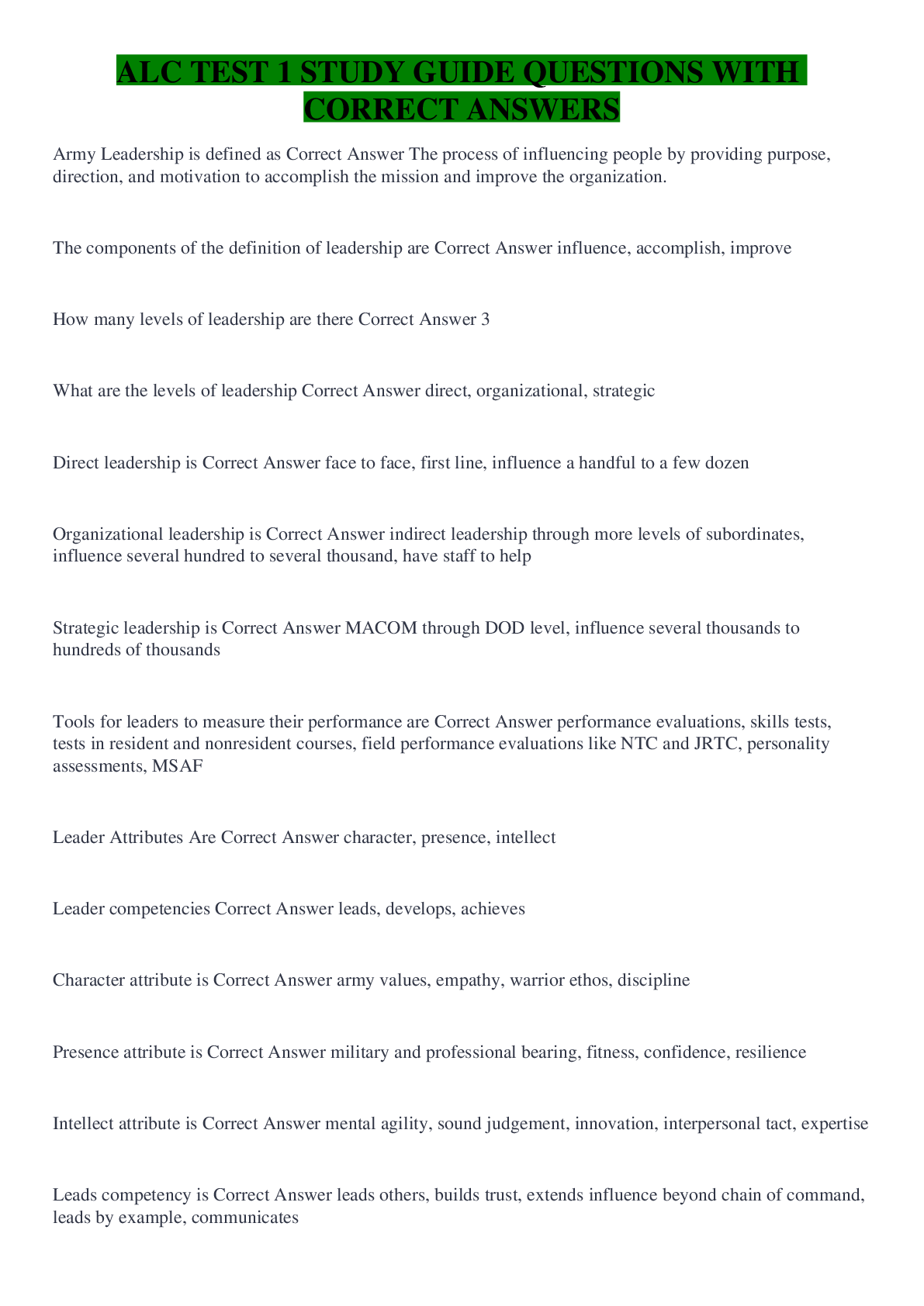 Preview image for ALC TEST 1 STUDY GUIDE QUESTIONS WITH CORRECT ANSWERS